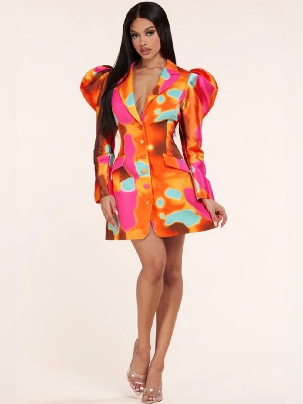 Bold Orange & Pink Puff-Sleeve Blazer Dress